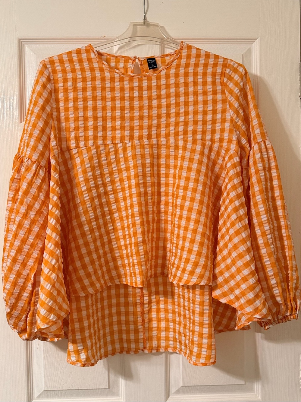 Orange Gingham Balloon-Sleeve Tunic Top